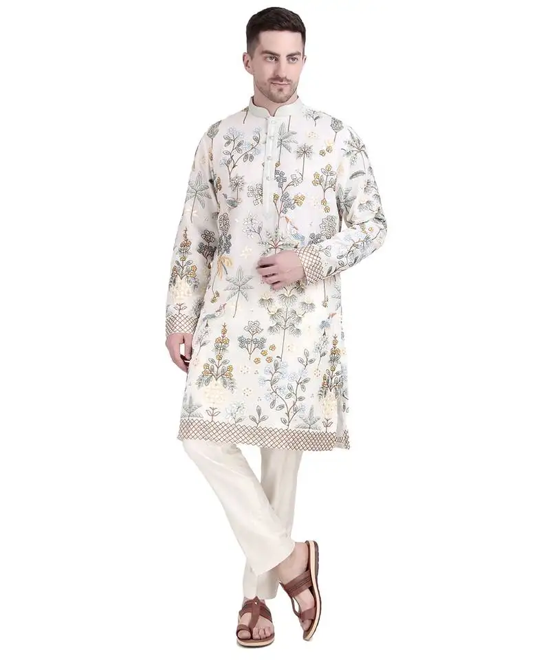White faux georgette floral embroidered kurta pajama