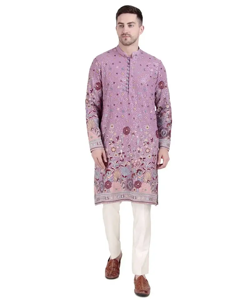 Purple faux georgette floral embroidered kurta pajama