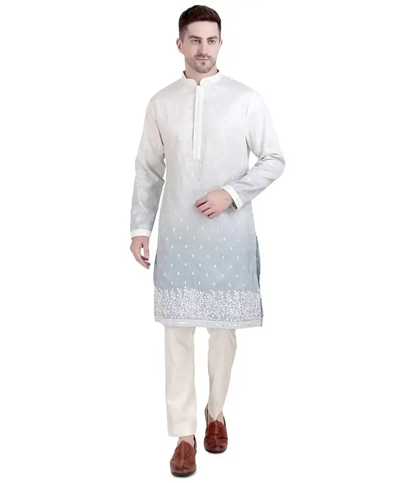 White cotton silk floral embroidered kurta pajama