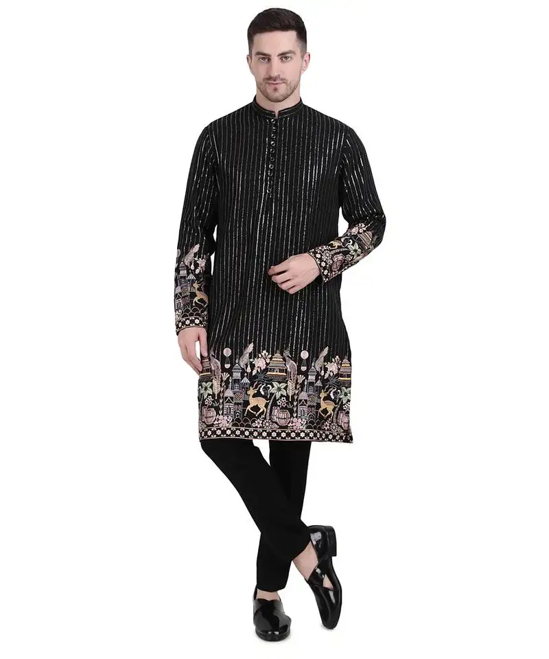 Black faux georgette floral embroidered kurta pajama