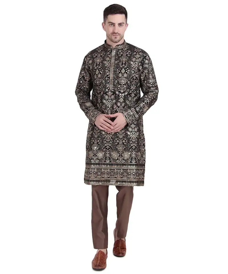 Black faux georgette kurta pajama with floral embroidered