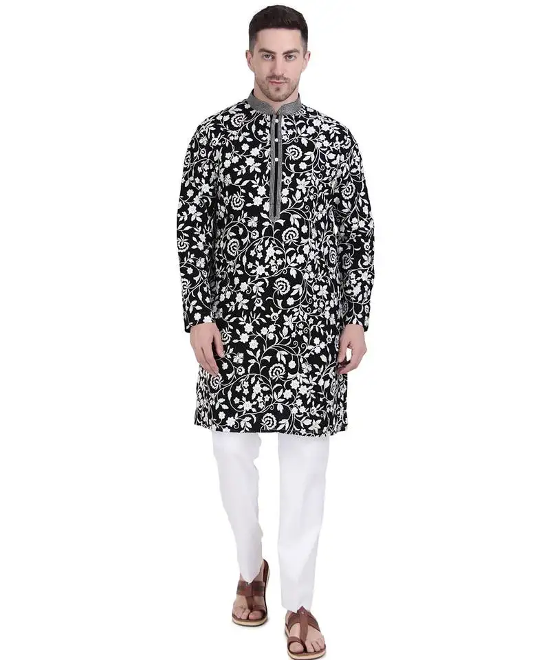 Black faux georgette floral embroidered kurta with pajama