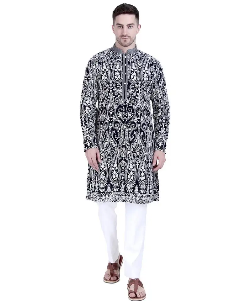 Black faux georgette embroidered kurta pajama