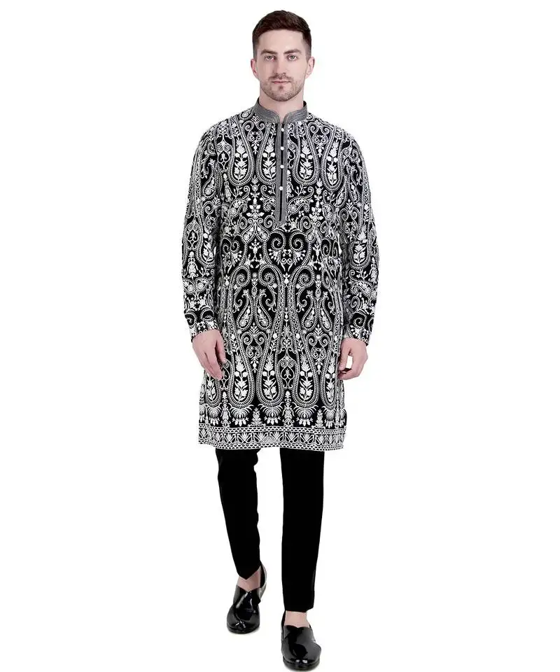 Black faux georgette embroidered kurta with pajama