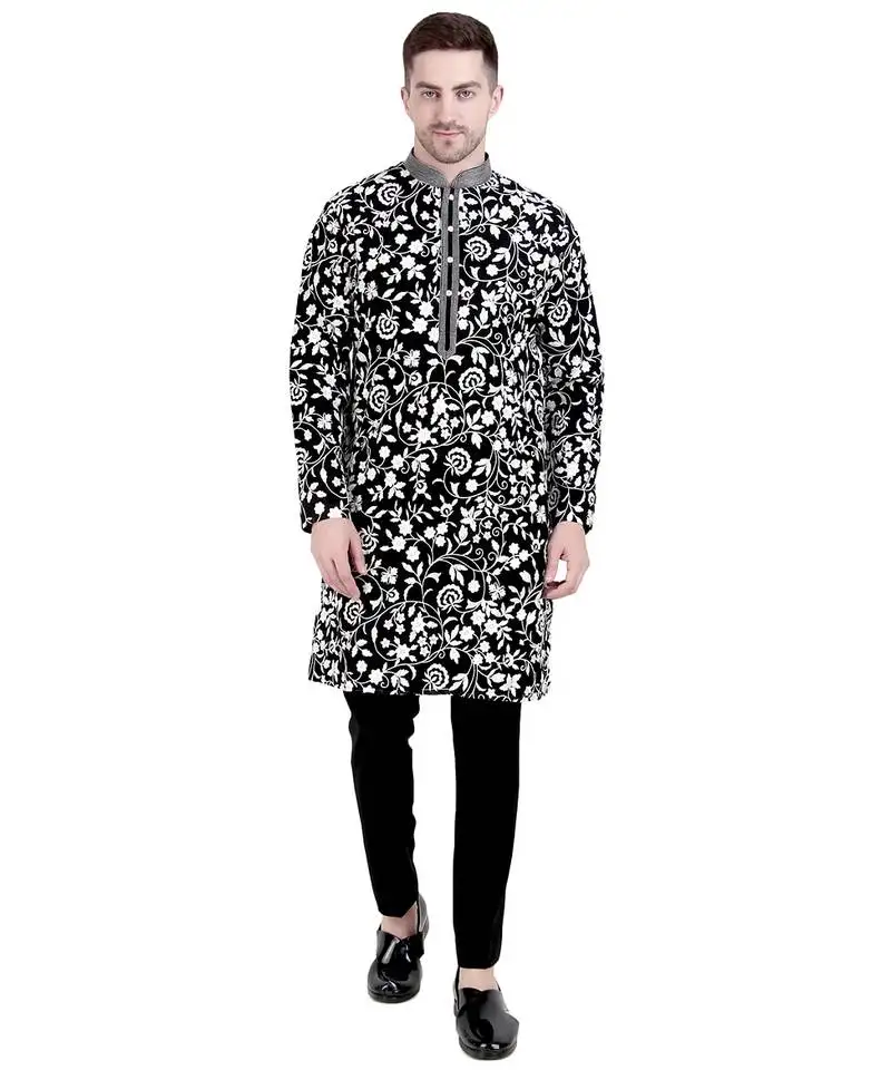 Black faux georgette kurta pajama with embroidery for men