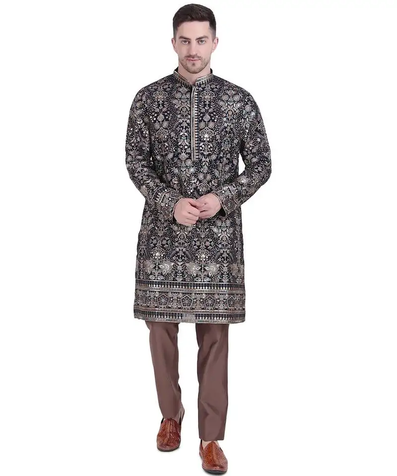 Black faux georgette embroidered kurta pajama with floral pattern