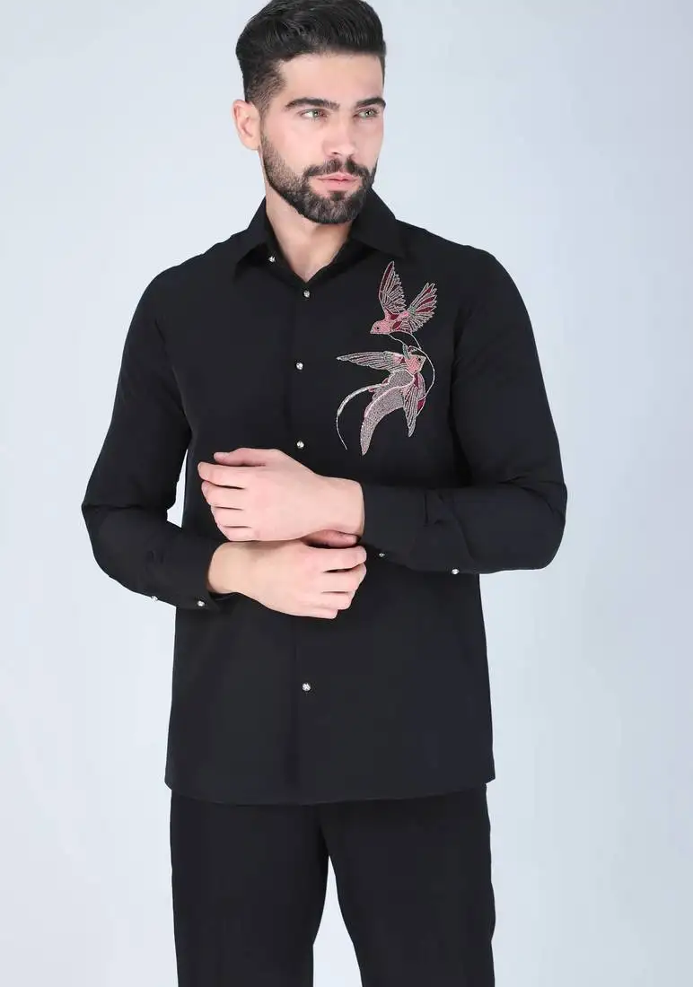 Black hand embroidered long sleeve shirt for men