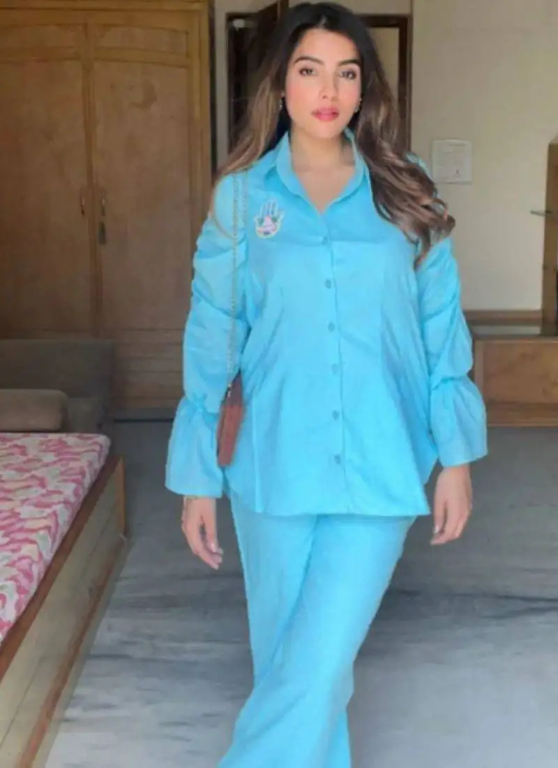 Blue self design pure cotton hamsa blue co-ord set