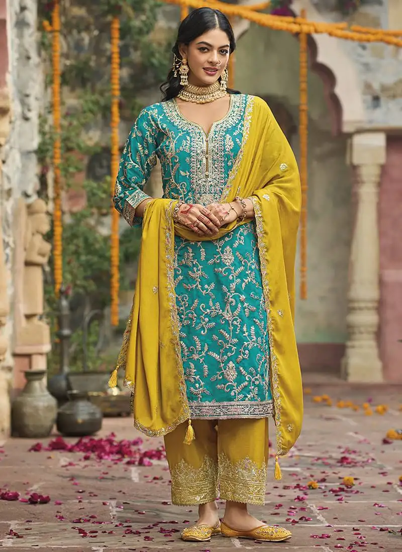 Sea green embroidery & sequence work chinon salwar kameez stitched