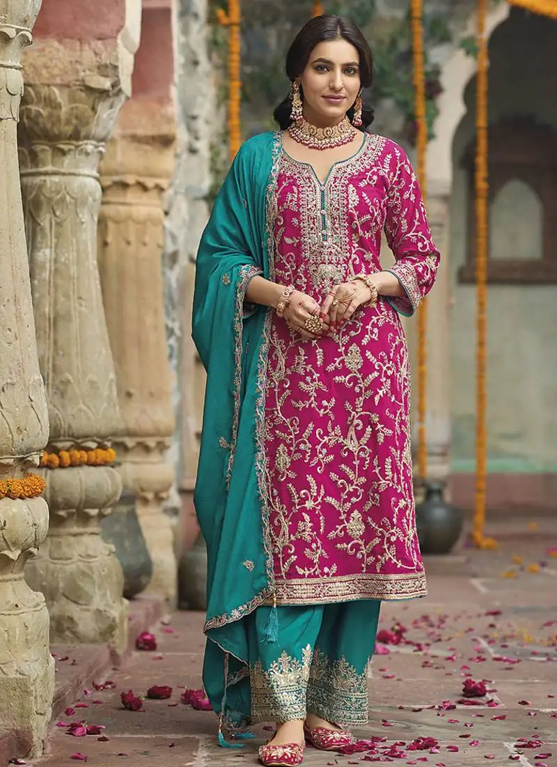Pink embroidery & sequence work chinon salwar kameez stitched