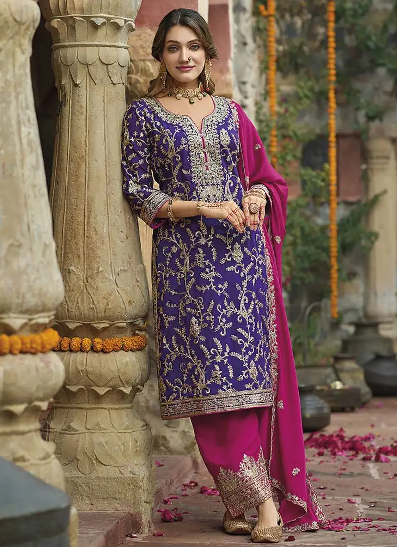 Purple embroidery & sequence work chinon salwar kameez stitched