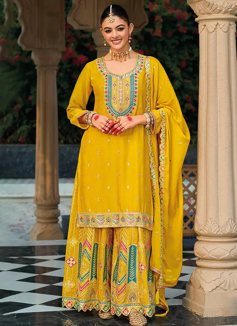 Yellow embroidery & sequence work chinon palazzo stitched