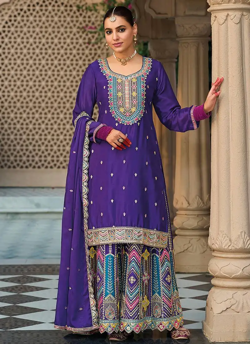 Purple embroidery & sequence work chinon palazzo stitched