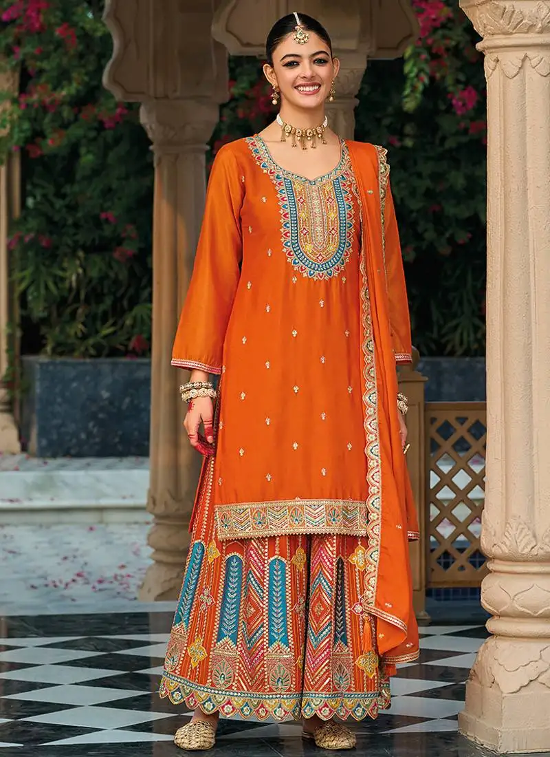 Orange embroidery & sequence work chinon palazzo stitched