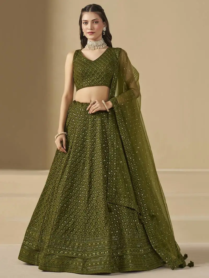Fabulous mehndi green sequins and thread embroidered georgette reception wear indian wedding bridal lehenga choli dress