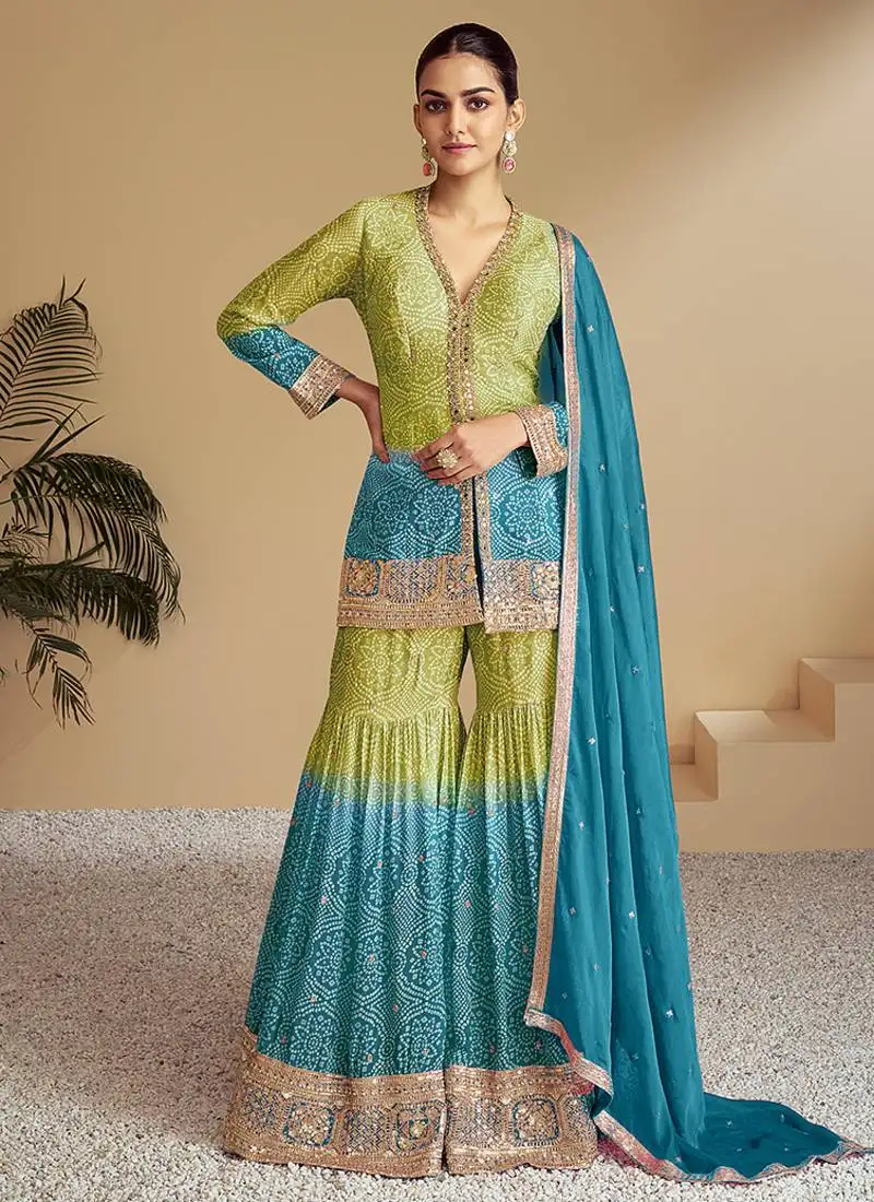 Green & teal blue embroidery & sequence work chinon sharara ( full stitched free size )
