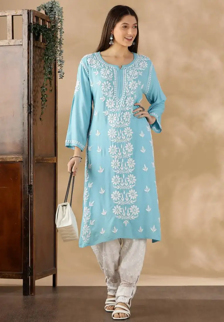 Blue cotton resham embroidery chikankari kurti
