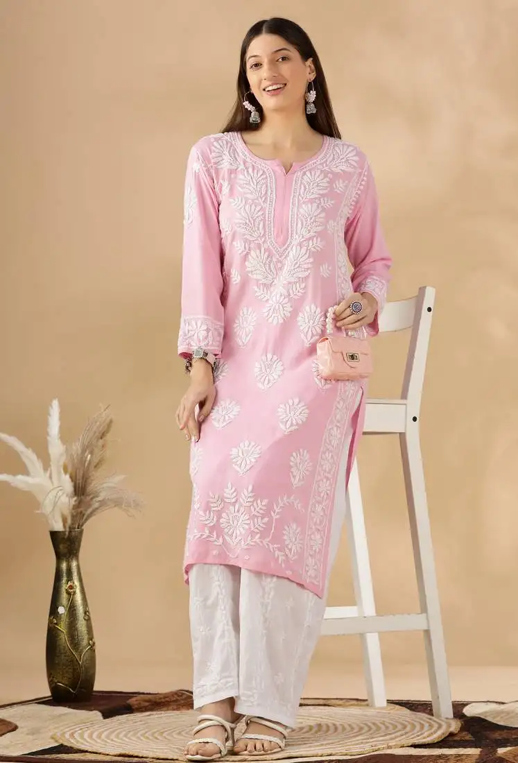 Pink cotton resham embroidery chikankari kurti