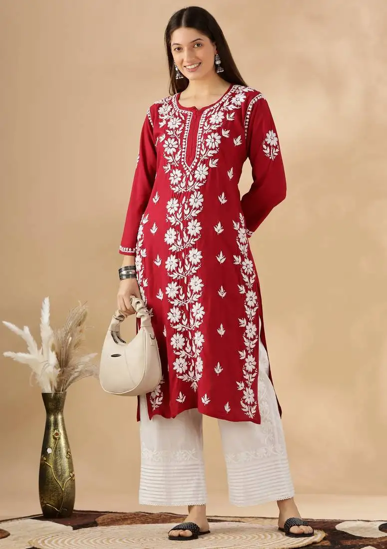 Maroon cotton resham embroidery chikankari kurti