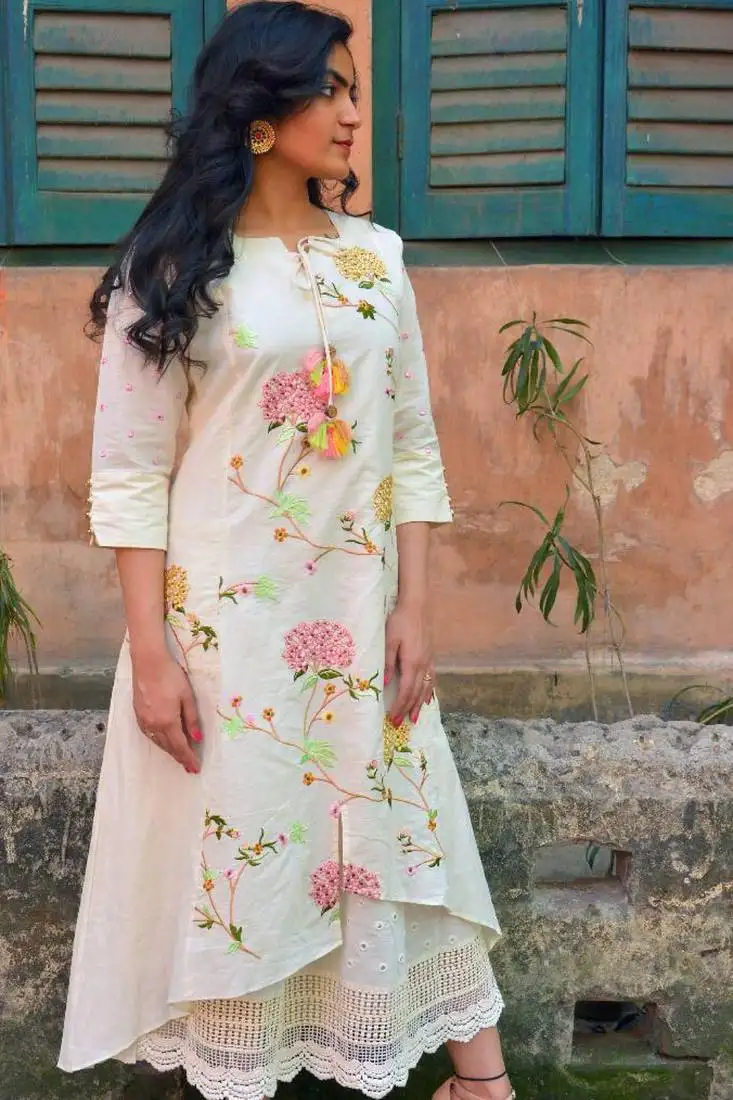 White embroidered cotton 2 pc layered midi dress