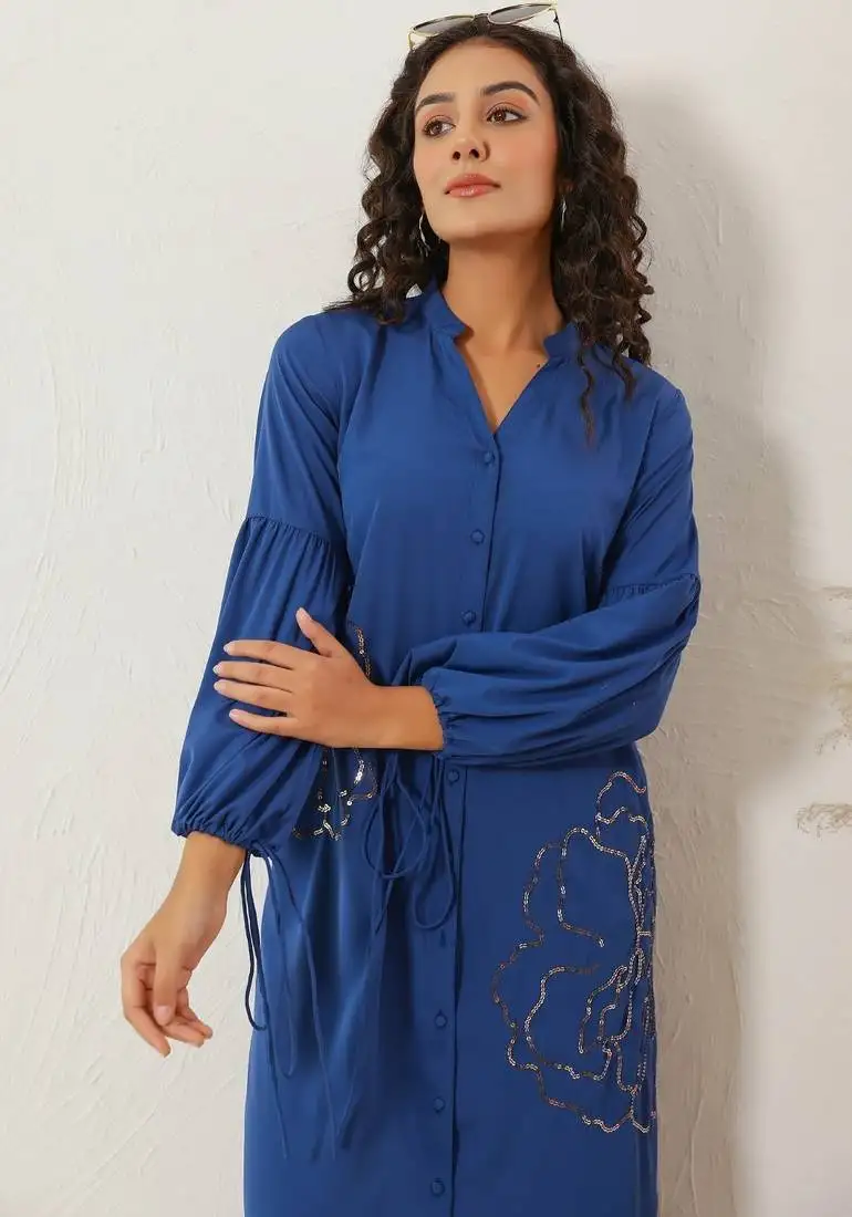 Blue embroidered cotton annie indigo midi dress