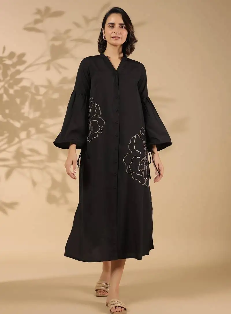 Black embroidered cotton annie onyx midi dress