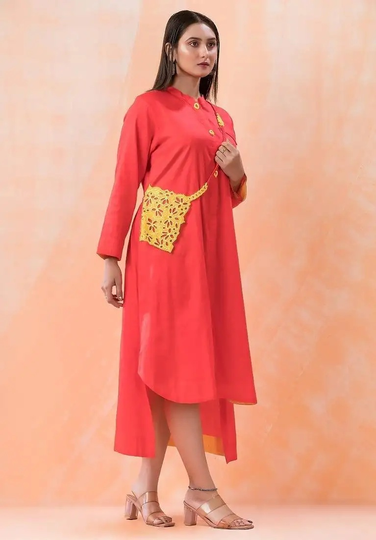 Orange plain cotton niharika apricot midi dress