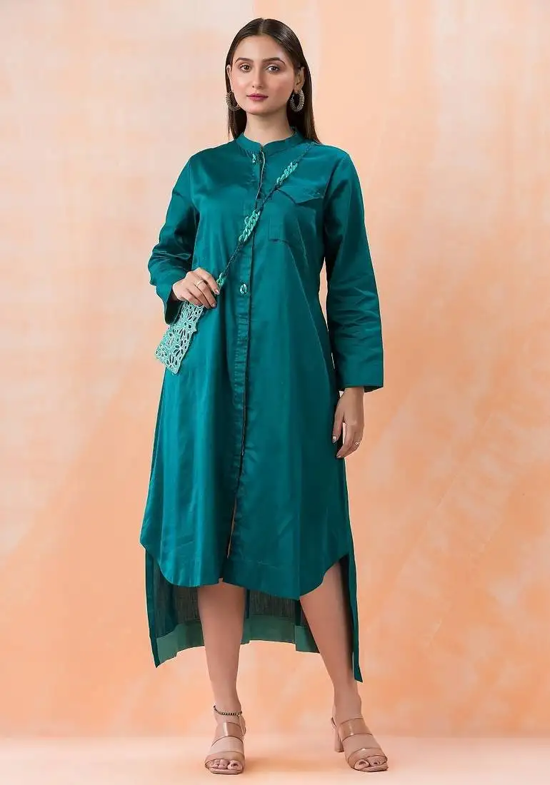 Teal plain cotton niharika teal midi dress