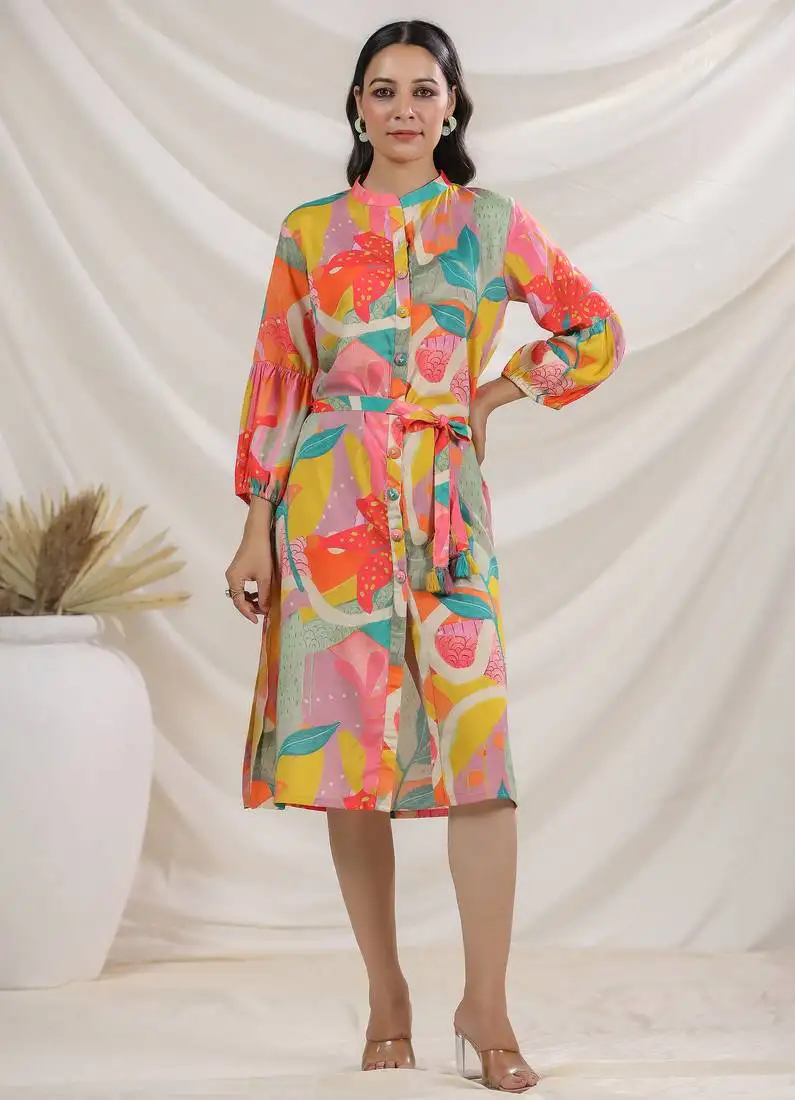 Multicolor embroidered cotton harshini tangerine midi dress