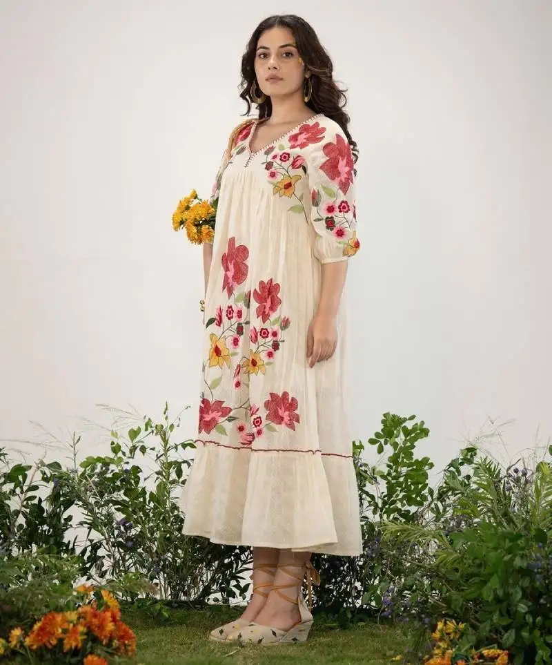 Off-white embroidered cotton hemal pearl maxi dress