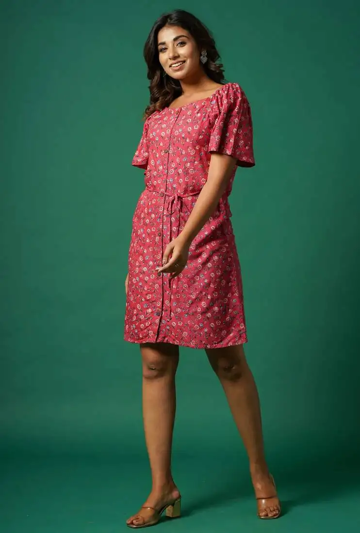 Red printed cotton lisa printed mini dress