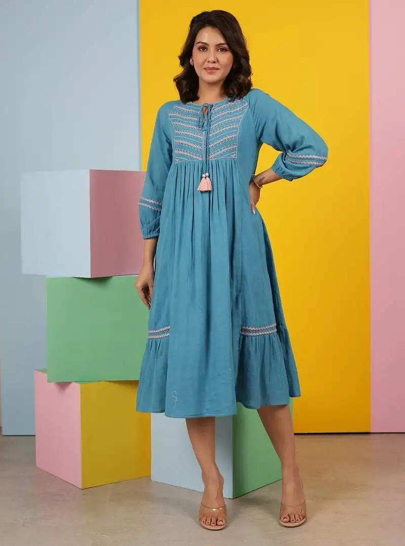 Blue embroidered cotton avanti cyan midi dress