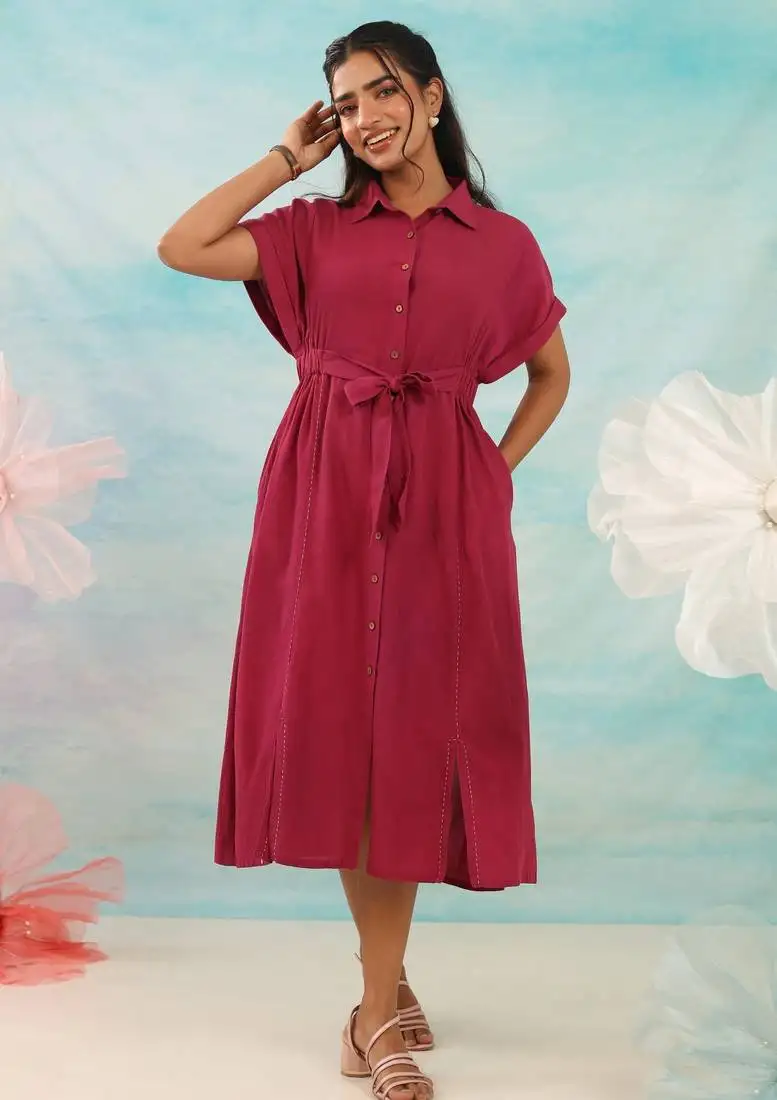 Burgundy plain cotton purna jam midi dress