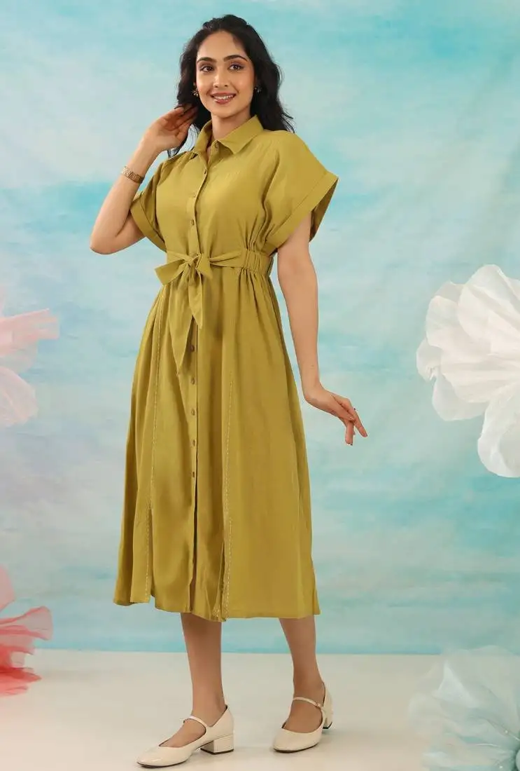 Green plain cotton purna pine midi dress
