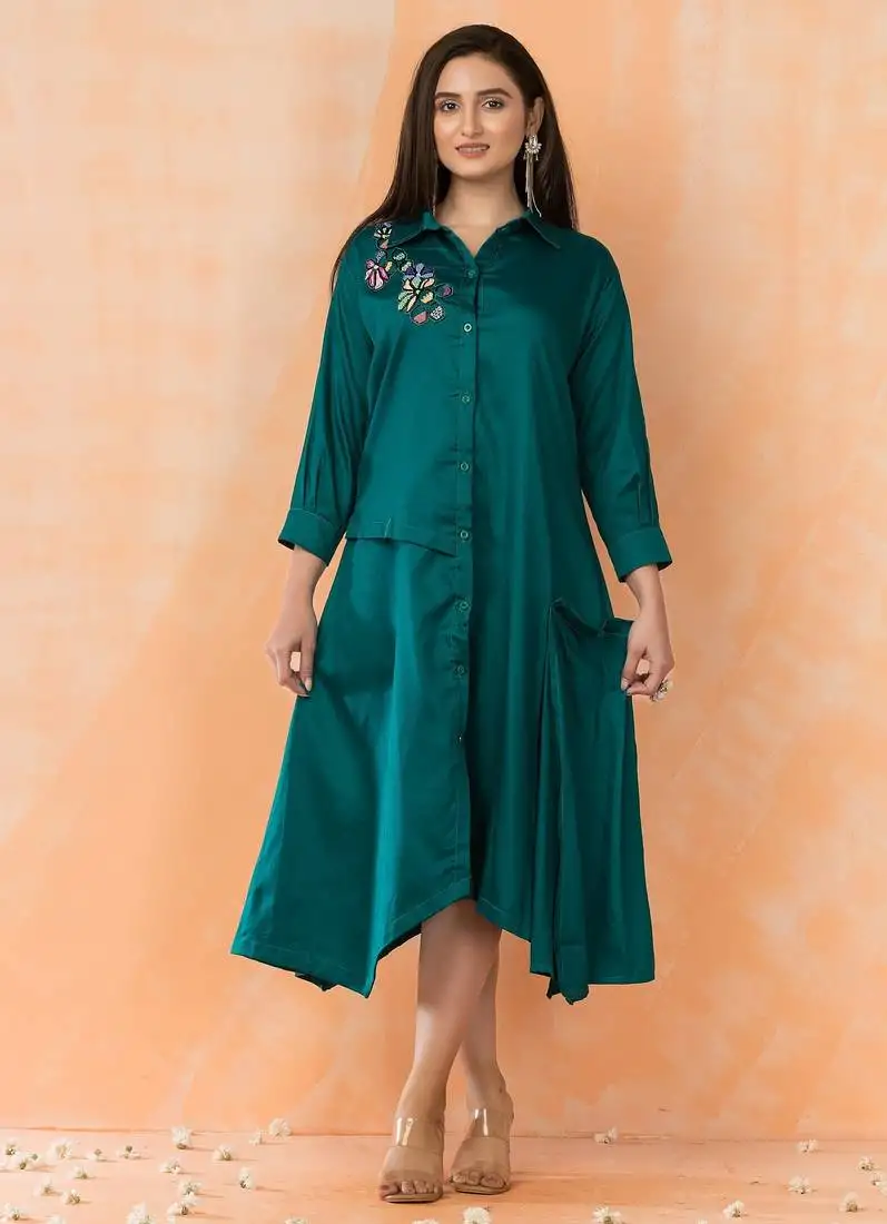 Green embroidered cotton sabhya fern midi dress