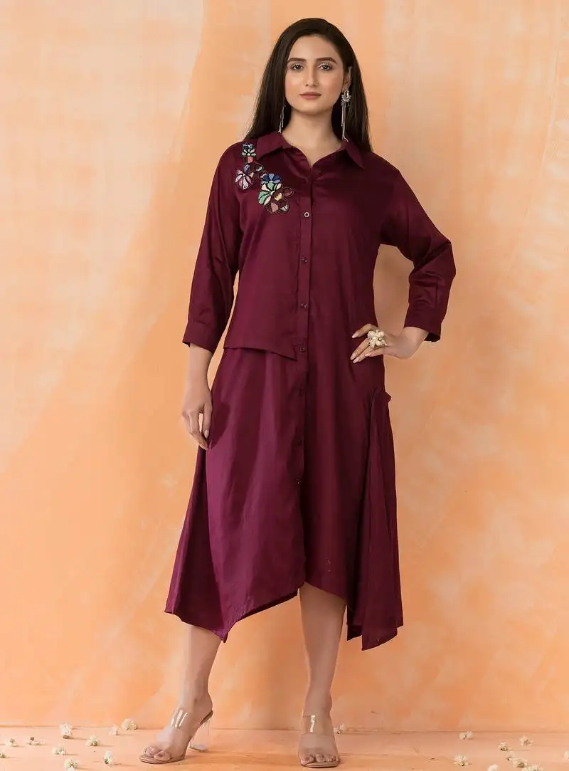 Maroon embroidered cotton sabhya jam midi dress