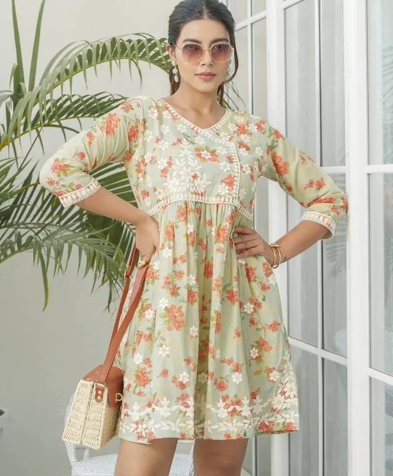 Green embroidered cotton viha floral mini dress