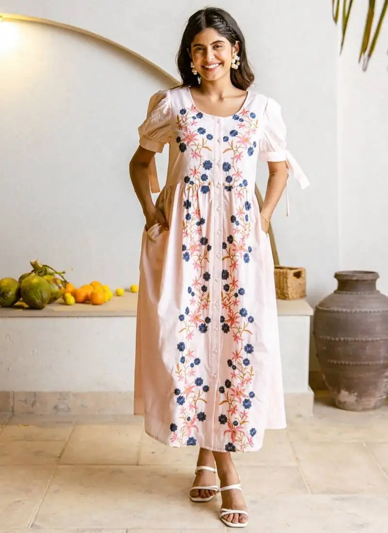 Off-white embroidered cotton viva apricot maxi dress