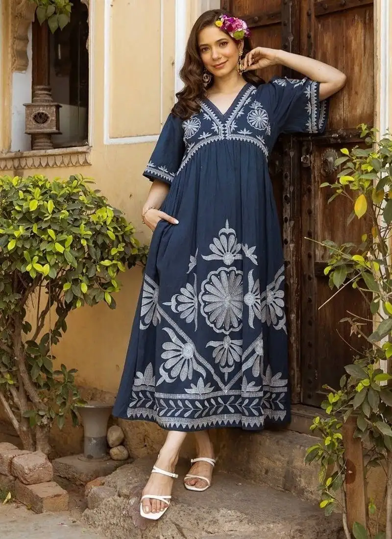 Blue embroidered cotton viva hibis midi dress