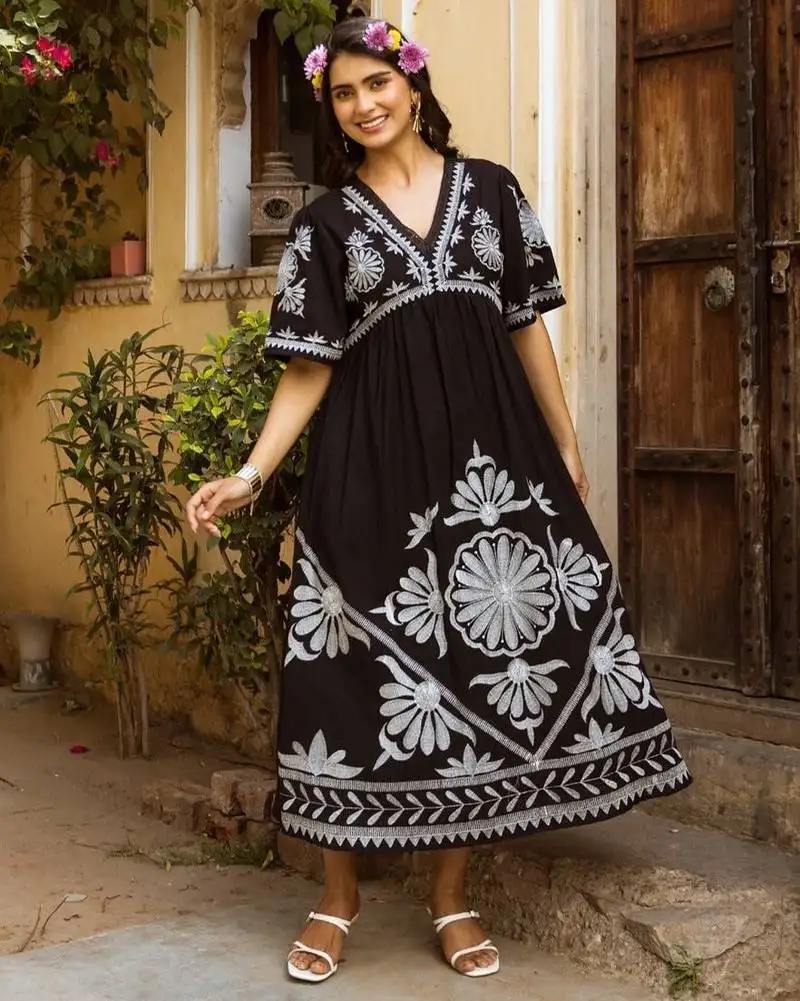 Black embroidered cotton viva jade midi dress