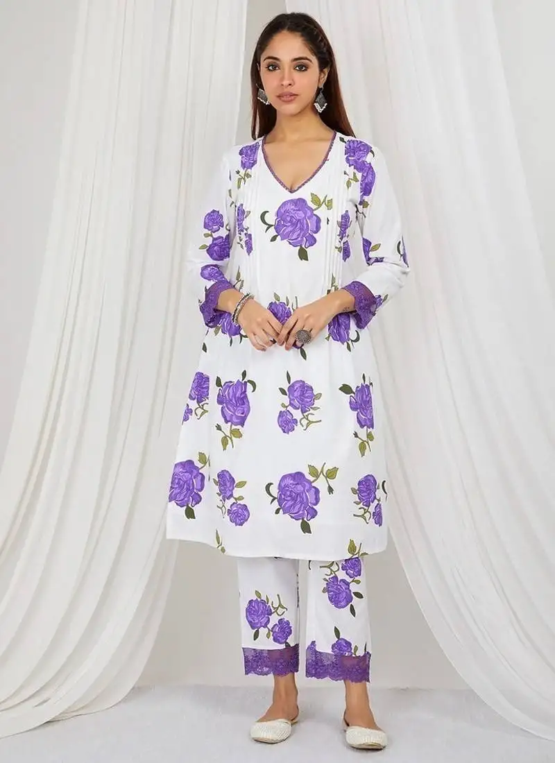 Purple floral printed kurta set with lace detailing and kota doria dupatta