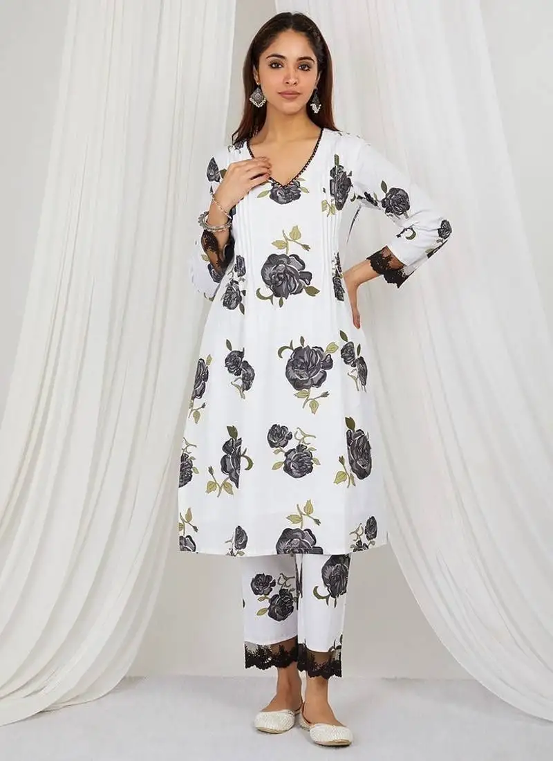 Black floral printed kurta set with lace detailing and kota doria dupatta