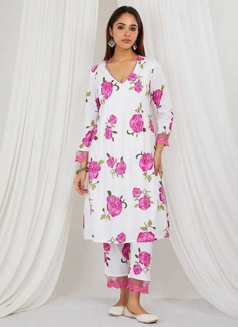 Pink floral printed kurta set with lace detailing and kota doria dupatta