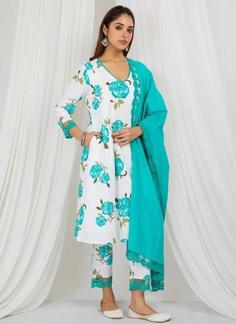 Sea green floral printed kurta set with lace detailing and kota doria dupatta
