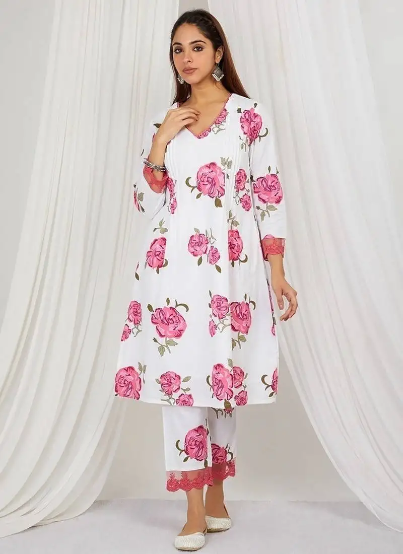 Rose floral printed kurta set with lace detailing and kota doria dupatta