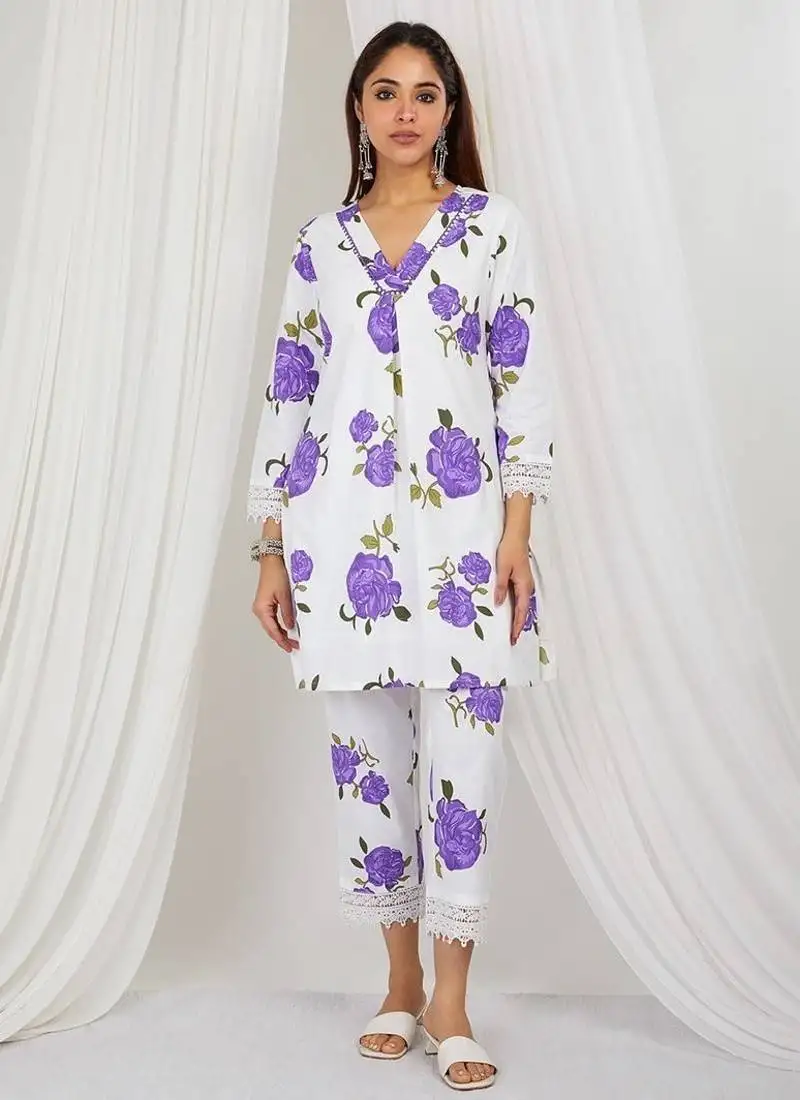 Purple floral printed kurti and pant with lace detailing