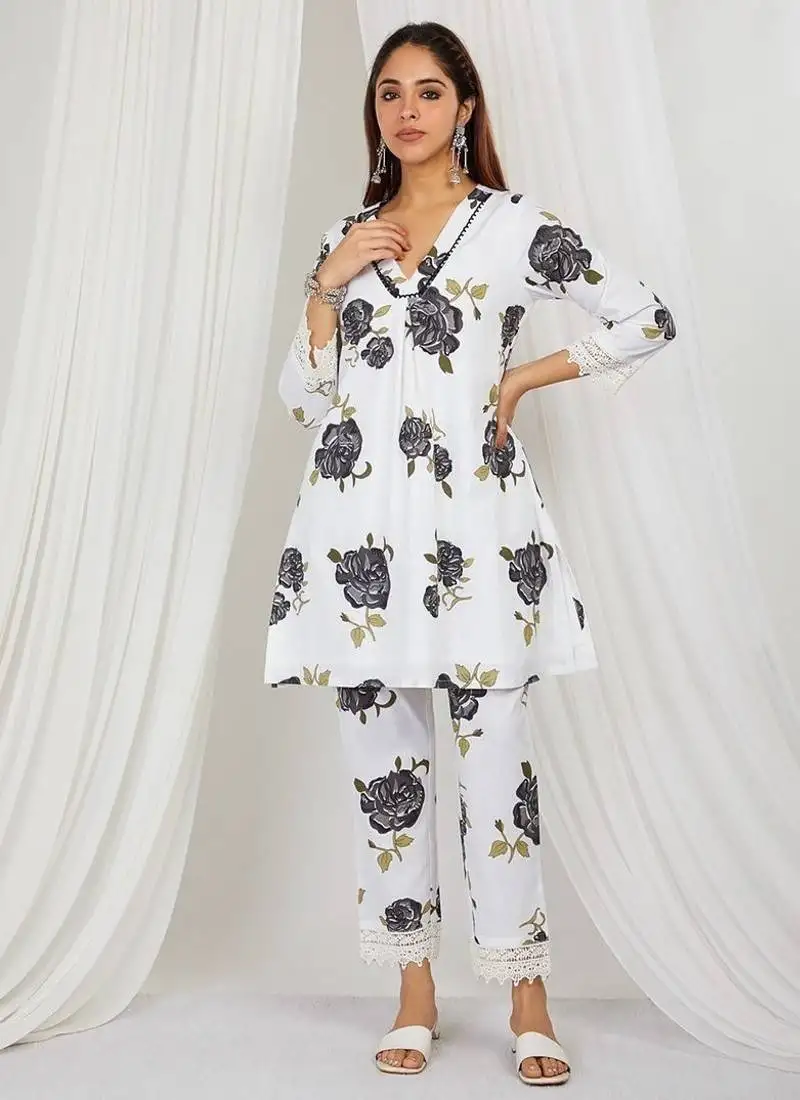 Black floral printed kurti and pant with lace detailing