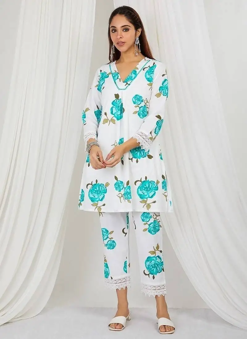 Sea blue floral printed kurti and pant with lace detailing