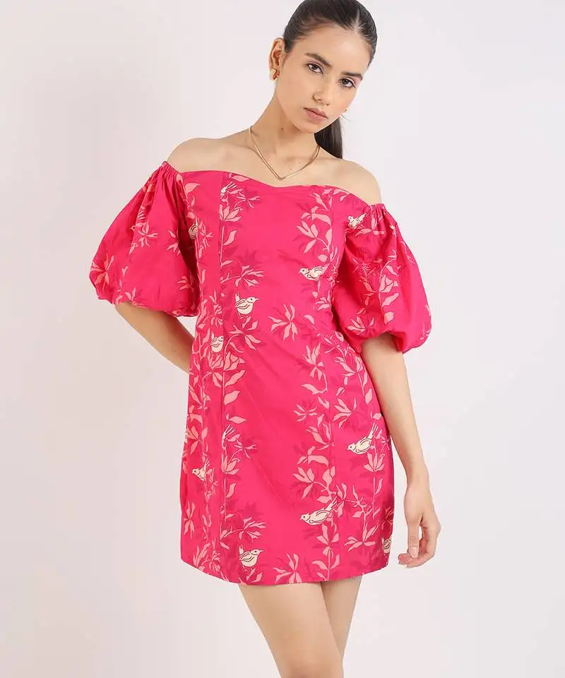 Ruby pink short puffed sleeves floral printed cotton dress