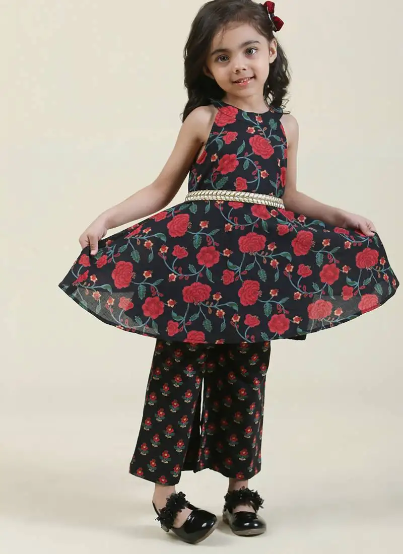 Black floral print cotton printed kurta with sharara for kids